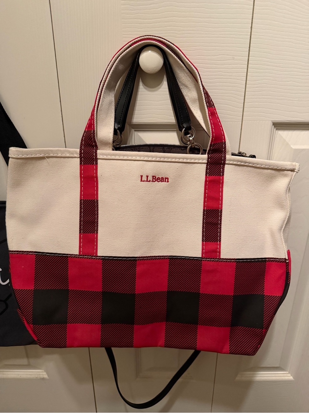 L.L. Bean Cream Canvas Tote with Red and Black Buffalo Check
